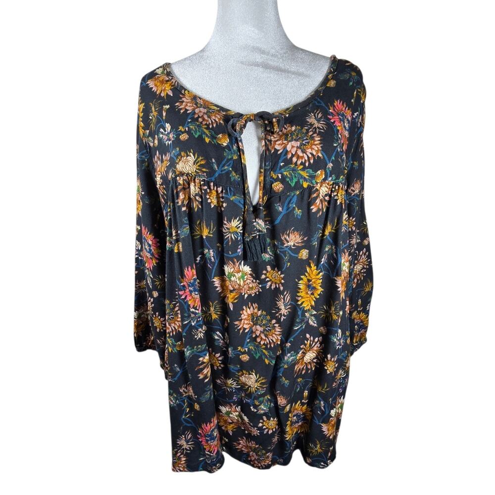 Natural Life Tunic Top Womens XL Black Floral Tassel Rayon Boho
